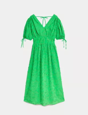 Pure Cotton Embroidered Midi Waisted Dress