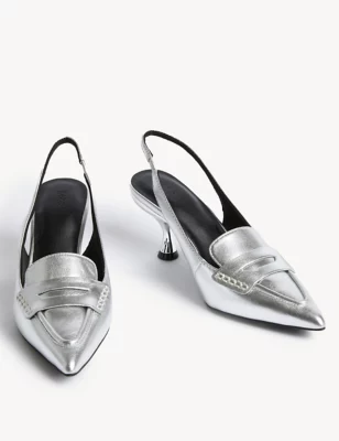 Leather Kitten Heel Pointed Slingback Shoes