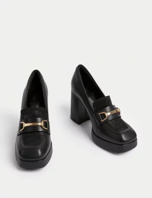 Leather Bar Platform Square Toe Loafers