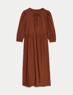 Textured Tie Neck Midi Relaxed Smock Dress
