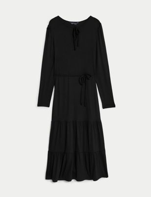Jersey Tie Neck Belted Midaxi Tiered Dress