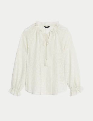 Jacquard Tie Neck Ruffle Popover Blouse