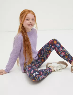 2pk Cotton Rich Floral & Plain Leggings (3-13 Yrs)