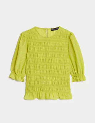 Textured Round Neck Shirred Waisted Blouse