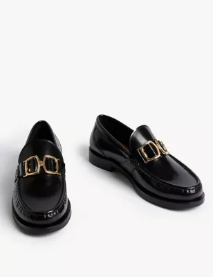 Leather Trim Flat Loafers