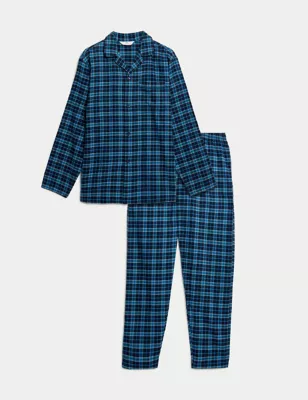 Longer Length Brushed Cotton Checked Pyjama Set