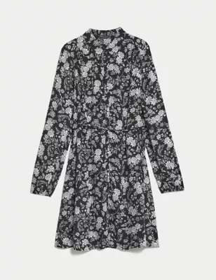 Printed Collared Tie Waist Mini Shirt Dress