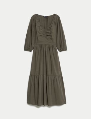 Pure Cotton V-Neck Ruched Midi Tiered Dress