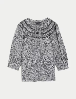 Pure Cotton Floral Tie Neck Smocked Blouse