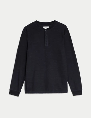 Cotton Blend Textured Henley T-Shirt