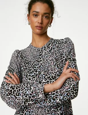 Animal Print Knee Length Tiered Shirt Dress