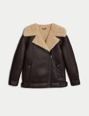 Faux Shearling Borg Lined Aviator Jacket