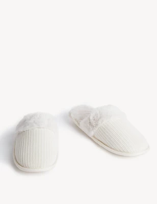 Cord Faux Fur Lined Mule Slippers