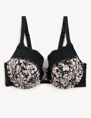 Printed Lace Trim Wired Full Cup Bra A-E