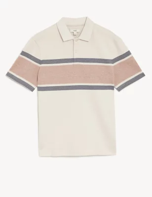 Pure Cotton Striped Double Knit Polo Shirt