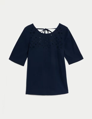 Linen Rich Cutwork Detail Blouse