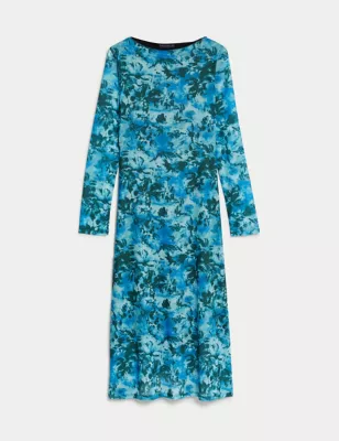 Mesh Jersey Printed Midi Column Dress