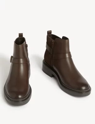 Wide Fit Leather Buckle Ankle Boots