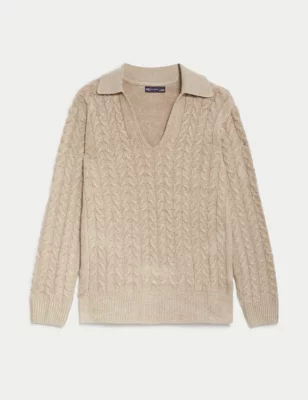 Cable Knit Collared Split Hem Jumper