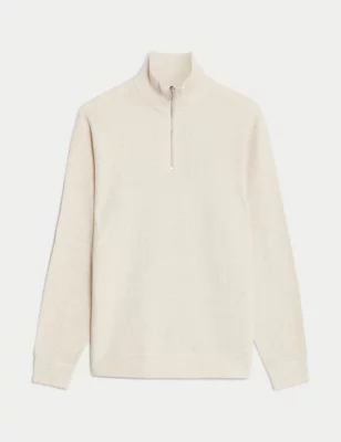 Cotton Blend Textured Half Zip Jumper