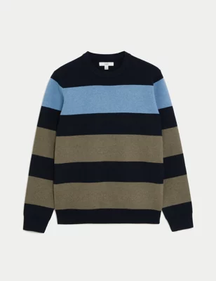 Cotton Blend Block Stripe Crew Neck Jumper