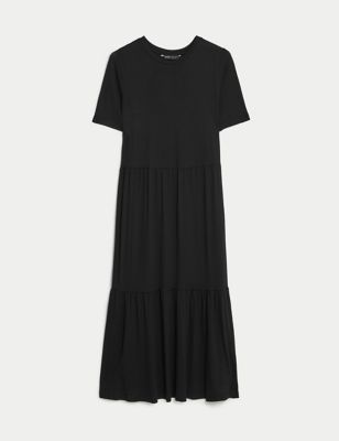 Jersey Round Neck Midi Tiered Dress