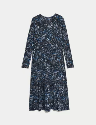 Jersey Printed Round Neck Midi Tiered Dress