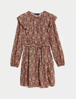 Printed V-Neck Ruffle Mini Waisted Dress