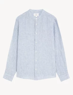 Pure Linen Striped Grandad Collar Shirt