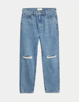 Straight Fit Pure Cotton Ripped Jeans