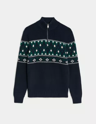 Cotton Blend Fair Isle Zip Up Jumper