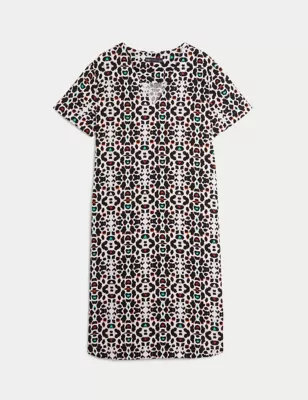 Linen Rich Printed V-Neck Midi Shift Dress