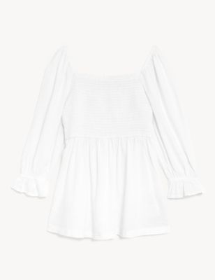 Linen Blend Square Neck Shirred Blouse