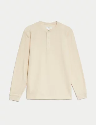 Cotton Blend Textured Henley T-Shirt