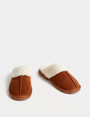 Suede Faux Fur Lined Mule Slippers
