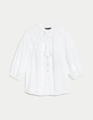 Cotton Rich Embroidered Tie Neck Blouse