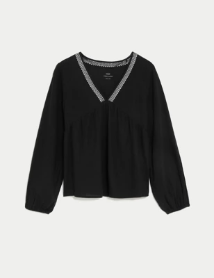 Linen Blend V-Neck Blouse