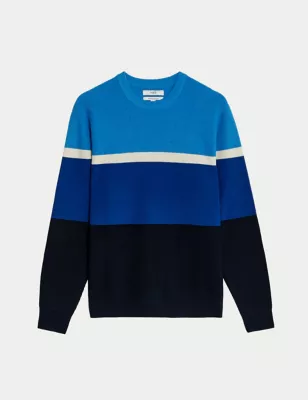 Cotton Blend Block Stripe Crew Neck Jumper