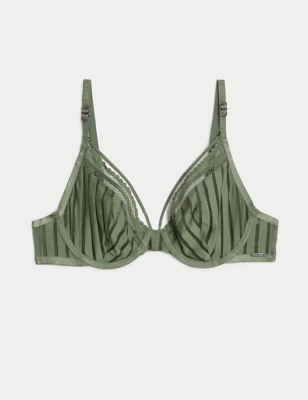 Mesh Striped Wired Plunge Bra