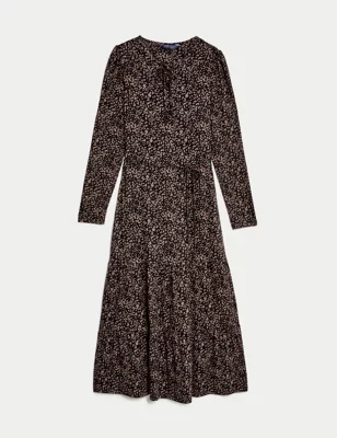 Jersey Printed Tie Neck Midaxi Tiered Dress