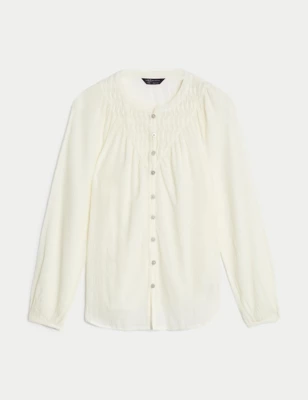 Cotton Blend Button Through Popover Blouse
