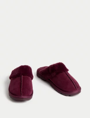 Suede Faux Fur Lined Mule Slippers