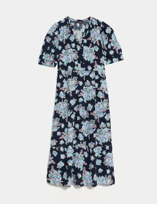 Printed V-Neck Midi Relaxed Tiered Dress