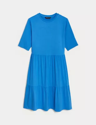 Jersey Round Neck Knee Length Tiered Dress