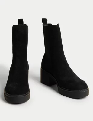 Suede Chelsea Chunky Block Heel Boots