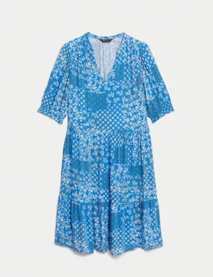 Printed V-Neck Knee Length Tiered Dress