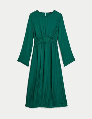 Satin Round Neck Midi Waisted Dress