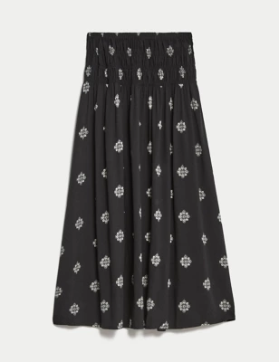 Printed Shirred Midi A-Line Skirt