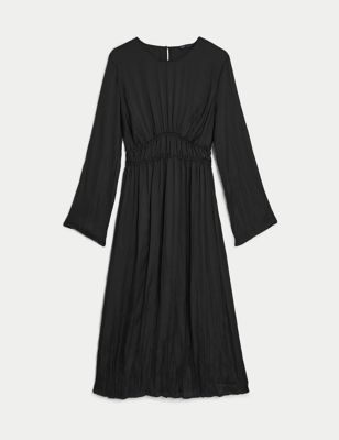 Satin Round Neck Midi Waisted Dress