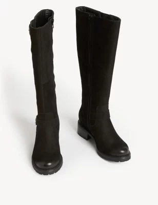 Wide Fit Leather Block Heel Knee High Boots